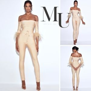 🤎Quella Beige Off Shoulder Feather Sleeve Bandage Jumpsuit🤎